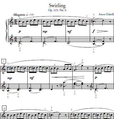 Swirling Sheet Music and Sound Files for Piano Students